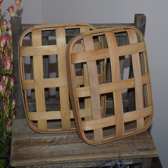 Set of Two Small Wood Tobacco Basket Rustic Country Cottage Farmhouse Decor - Picture 8 of 10